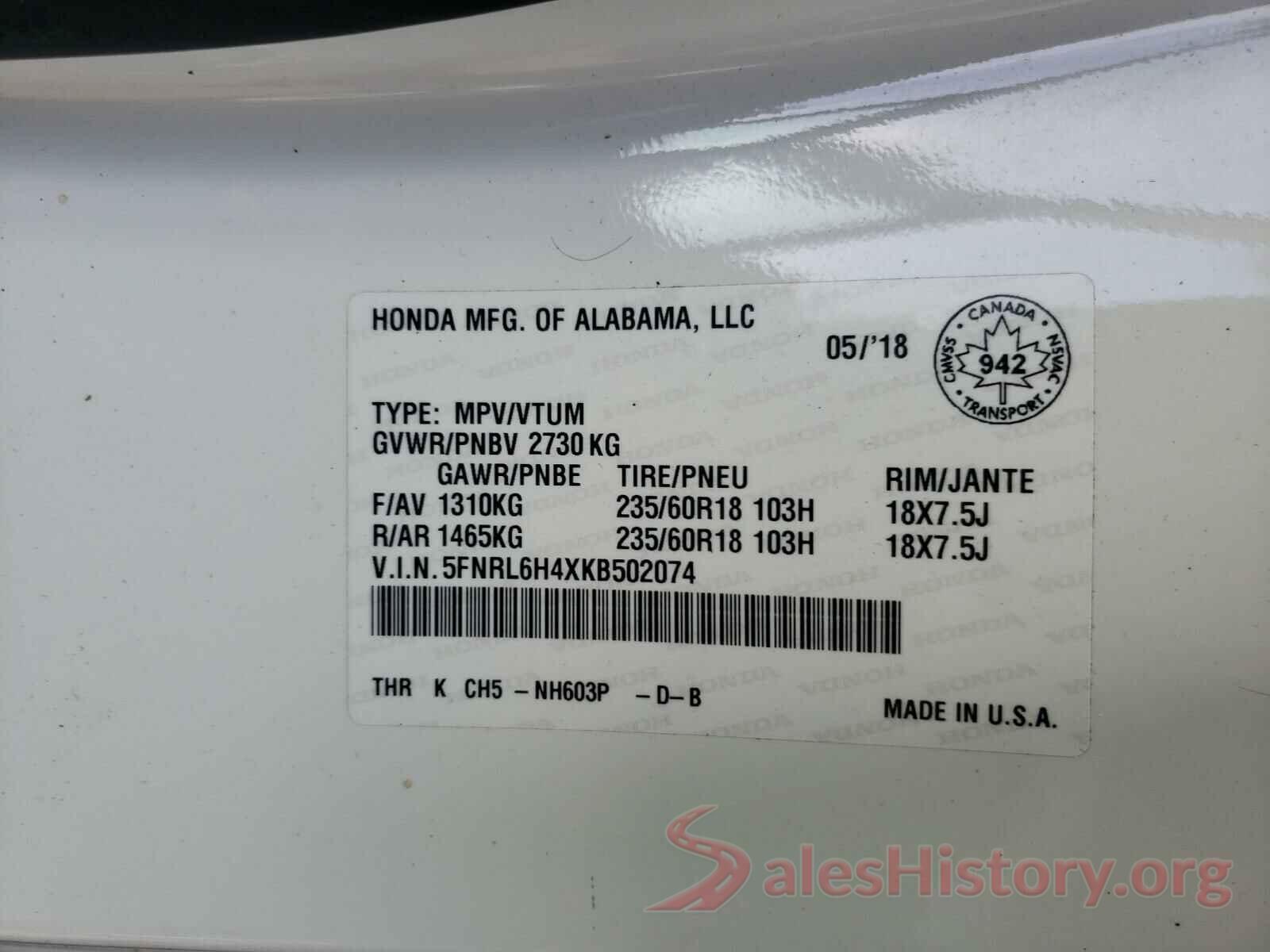 5FNRL6H4XKB502074 2019 HONDA ODYSSEY