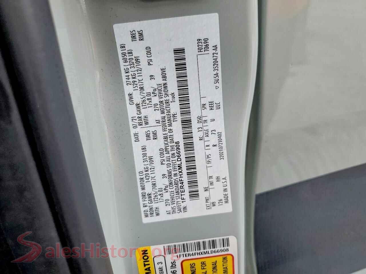 2021 FORD RANGER VIN 1FTER4FHXMLD66908, trunk area