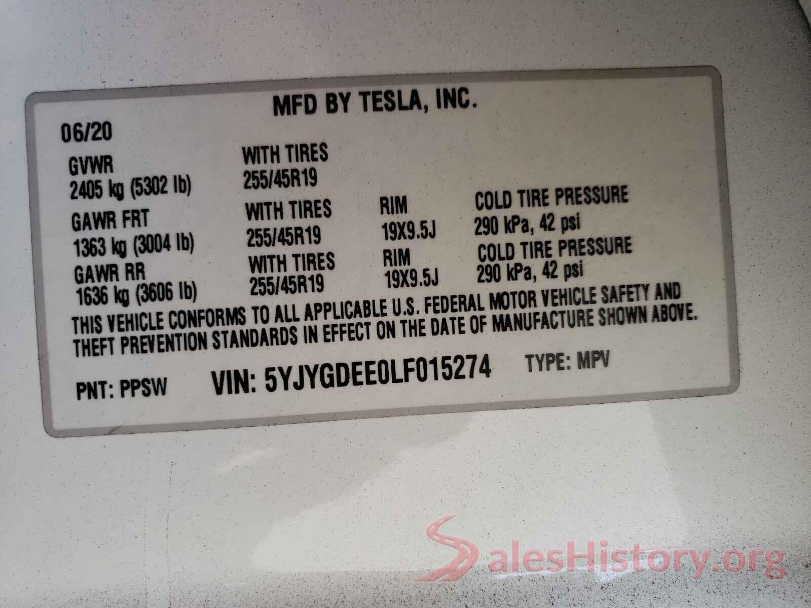 5YJYGDEE0LF015274 2020 TESLA MODEL Y