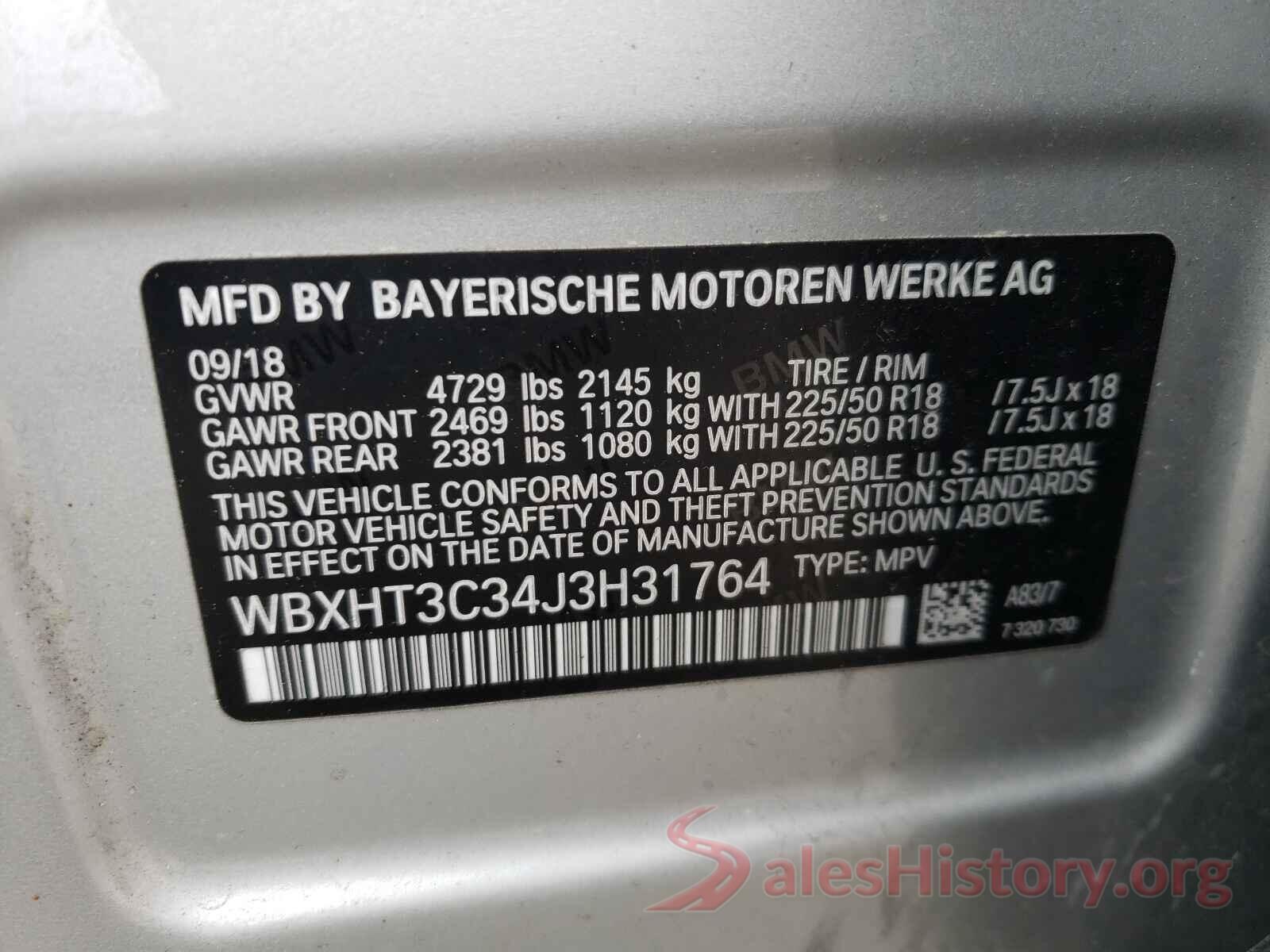 WBXHT3C34J3H31764 2018 BMW X1