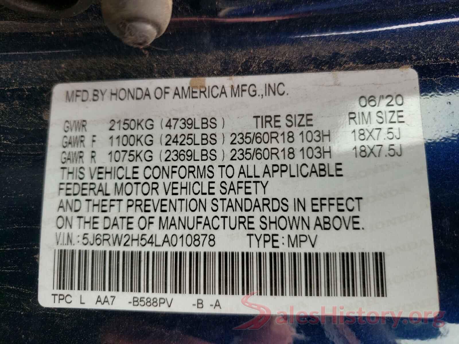 5J6RW2H54LA010878 2020 HONDA CRV