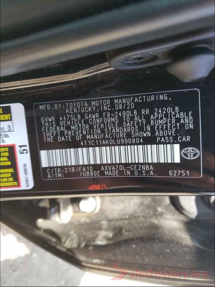 4T1C11AK0LU990804 2020 TOYOTA CAMRY