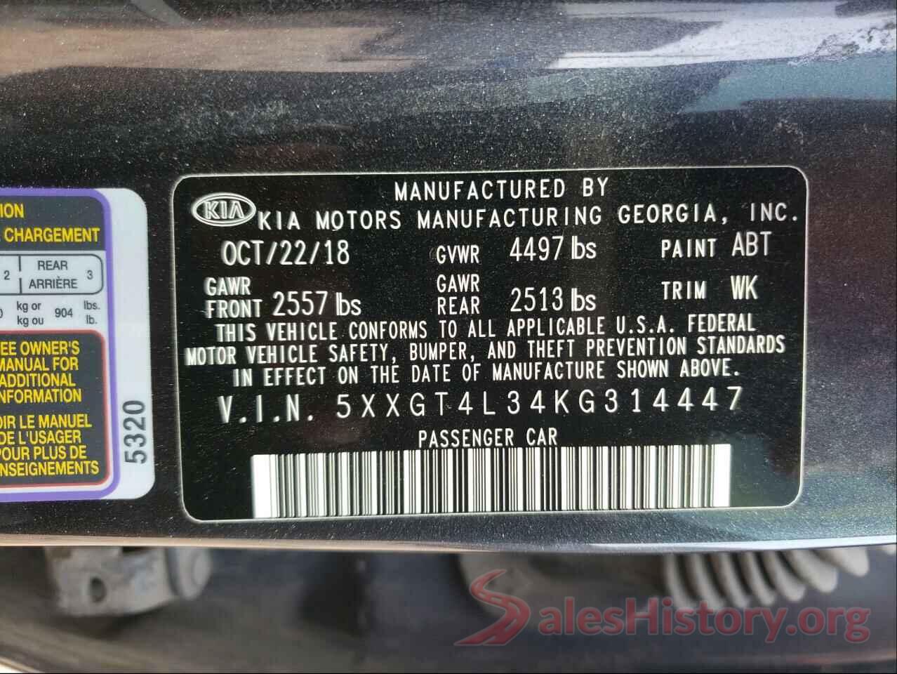 5XXGT4L34KG314447 2019 KIA OPTIMA