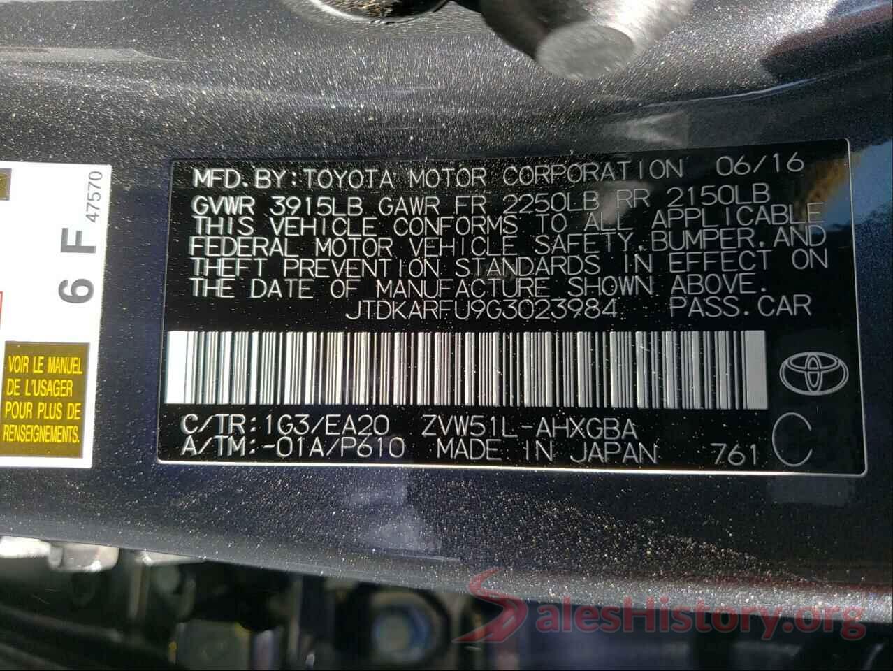 JTDKARFU9G3023984 2016 TOYOTA PRIUS