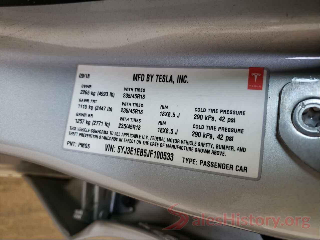 5YJ3E1EB5JF100533 2018 TESLA MODEL 3