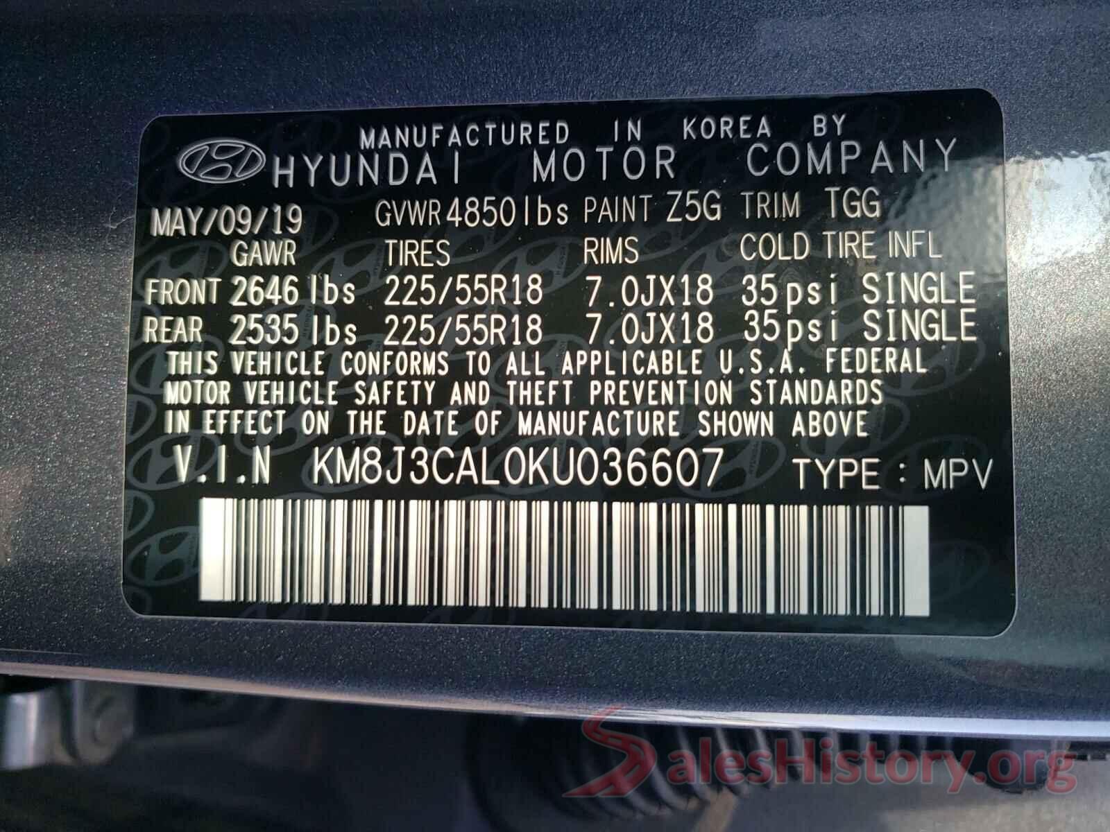 KM8J3CAL0KU036607 2019 HYUNDAI TUCSON