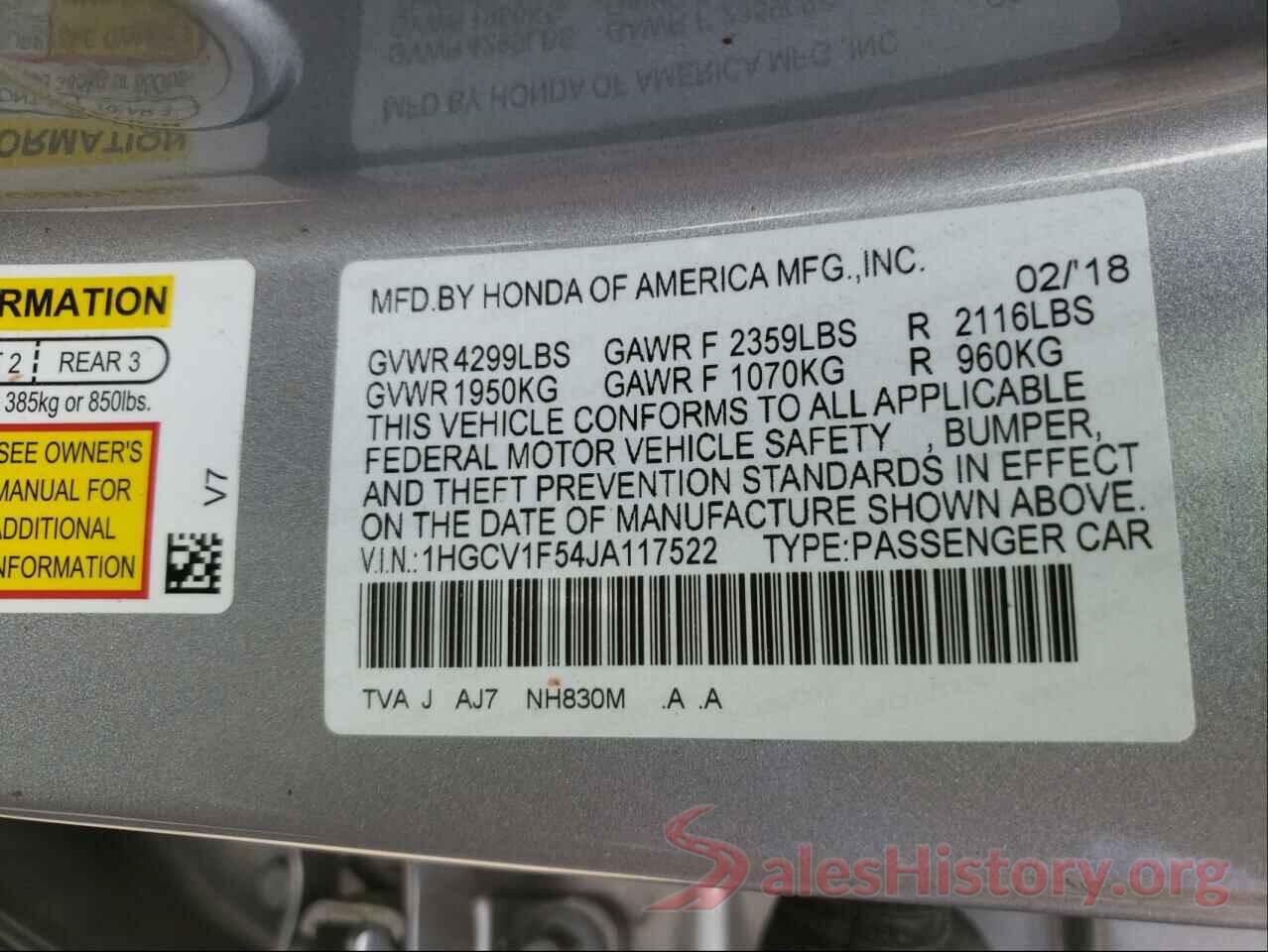 1HGCV1F54JA117522 2018 HONDA ACCORD