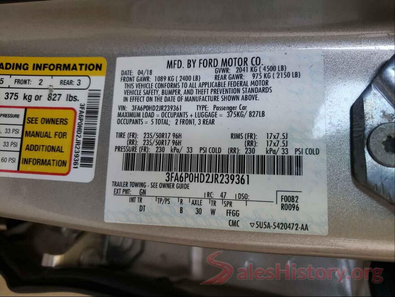 3FA6P0HD2JR239361 2018 FORD FUSION