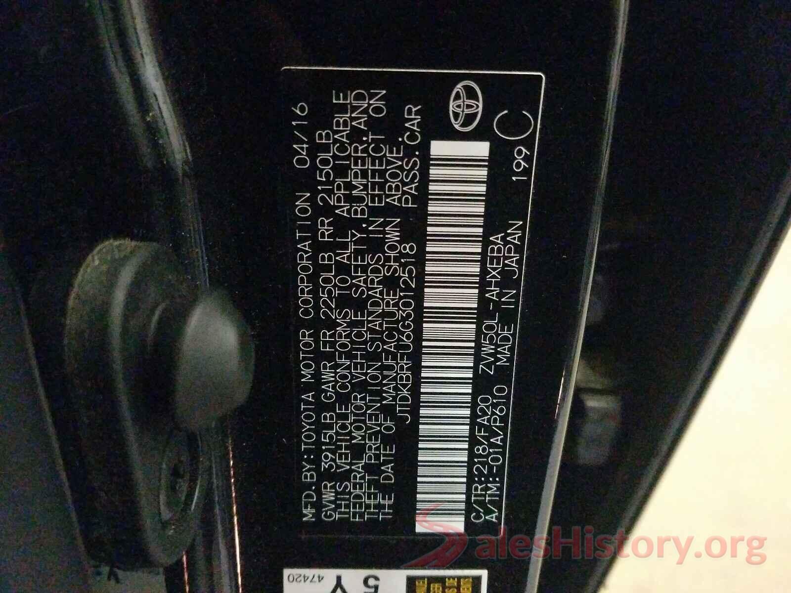 JTDKBRFU6G3012518 2016 TOYOTA PRIUS