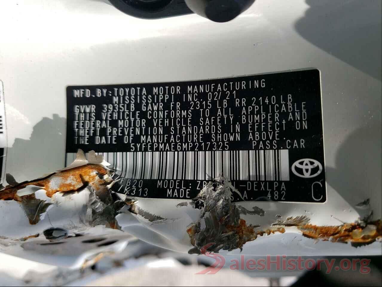 5YFEPMAE6MP217325 2021 TOYOTA COROLLA