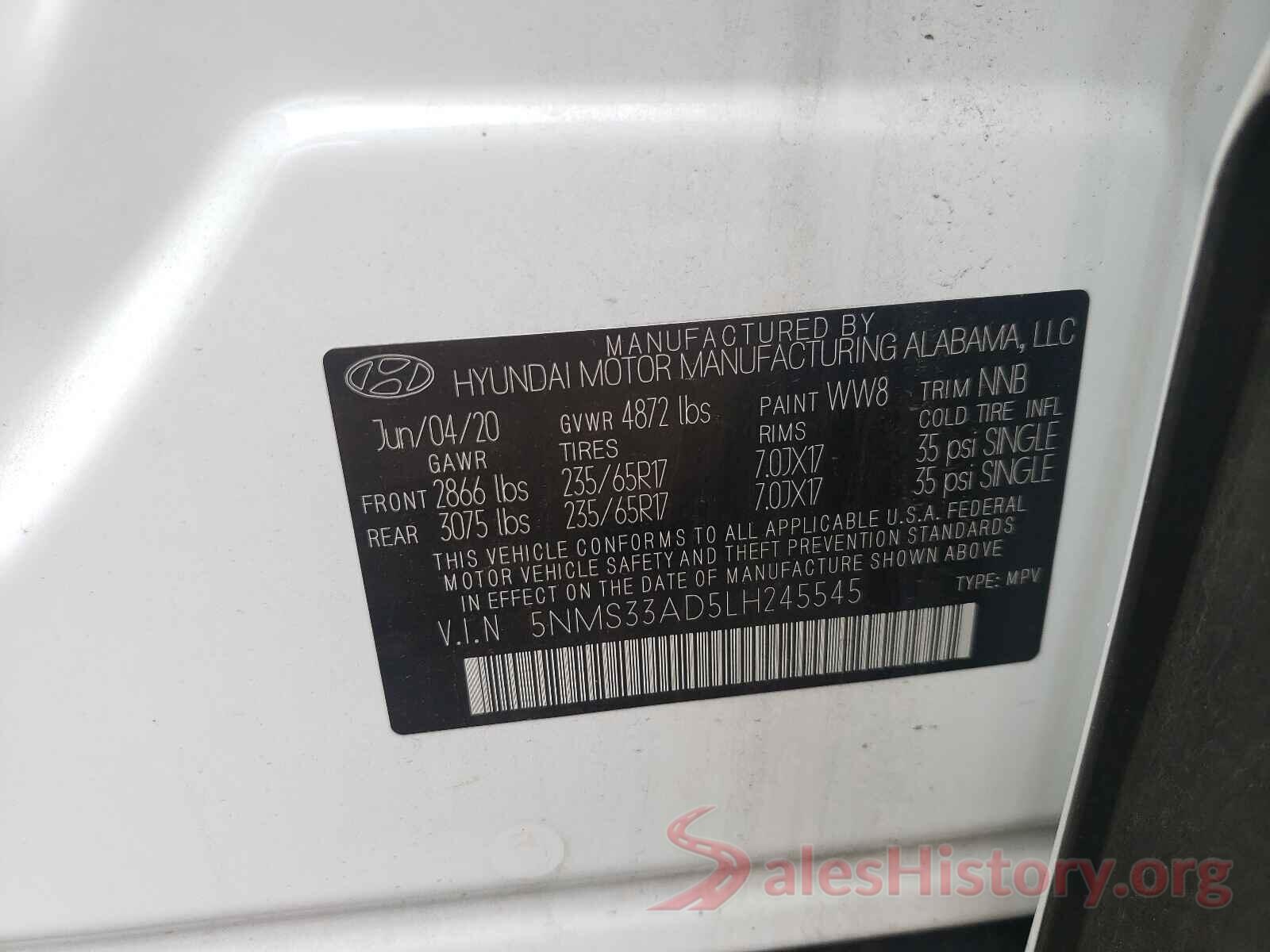 5NMS33AD5LH245545 2020 HYUNDAI SANTA FE