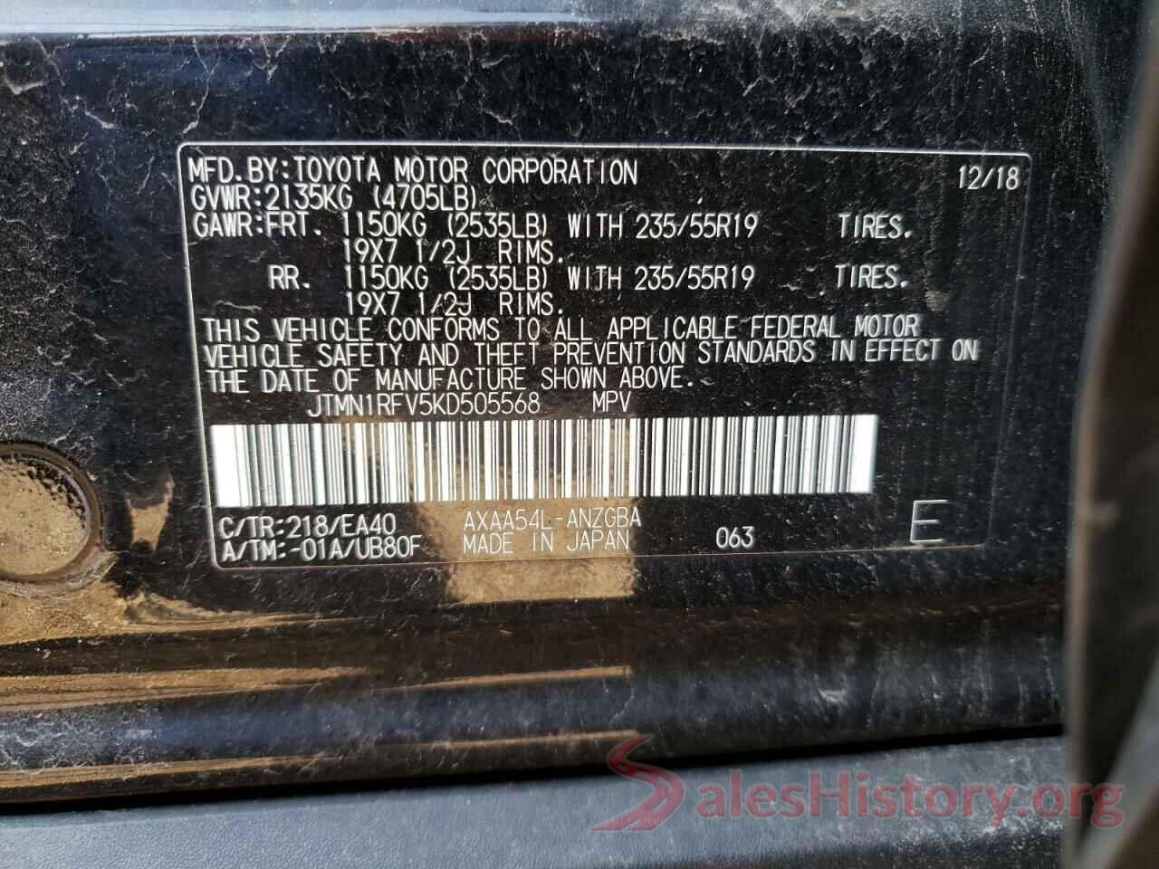 JTMN1RFV5KD505568 2019 TOYOTA RAV4