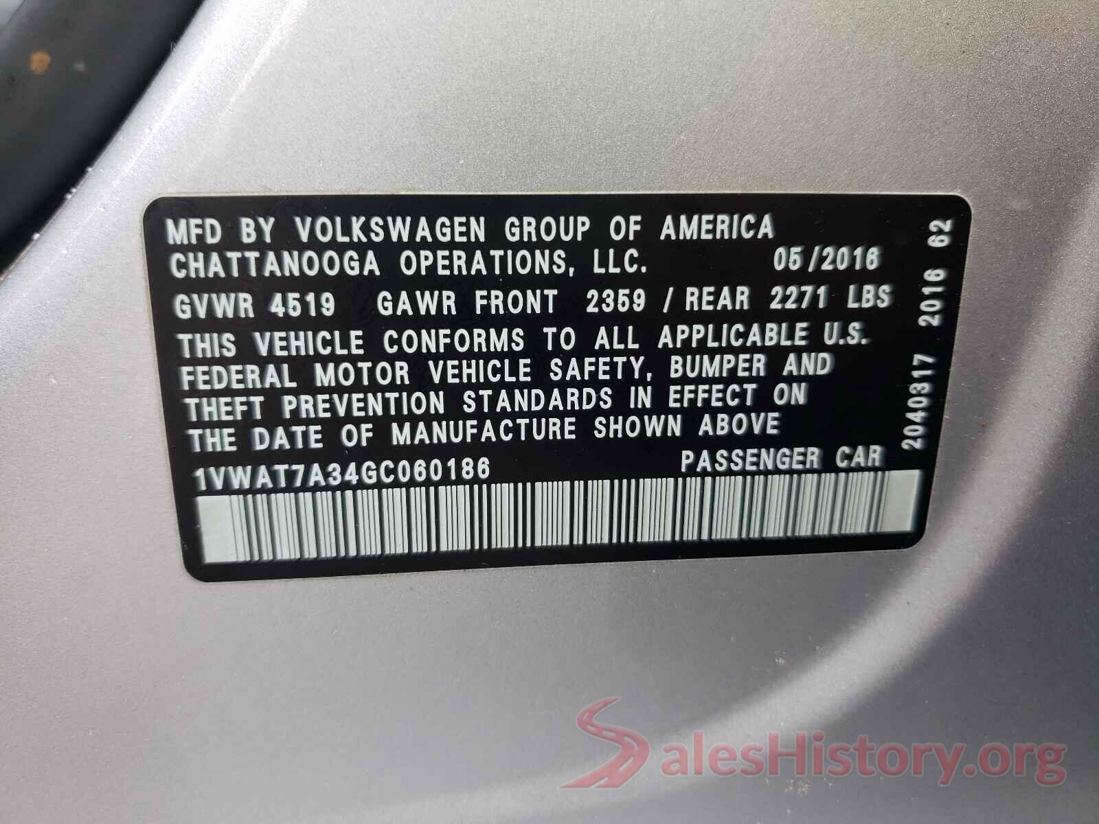 1VWAT7A34GC060186 2016 VOLKSWAGEN PASSAT