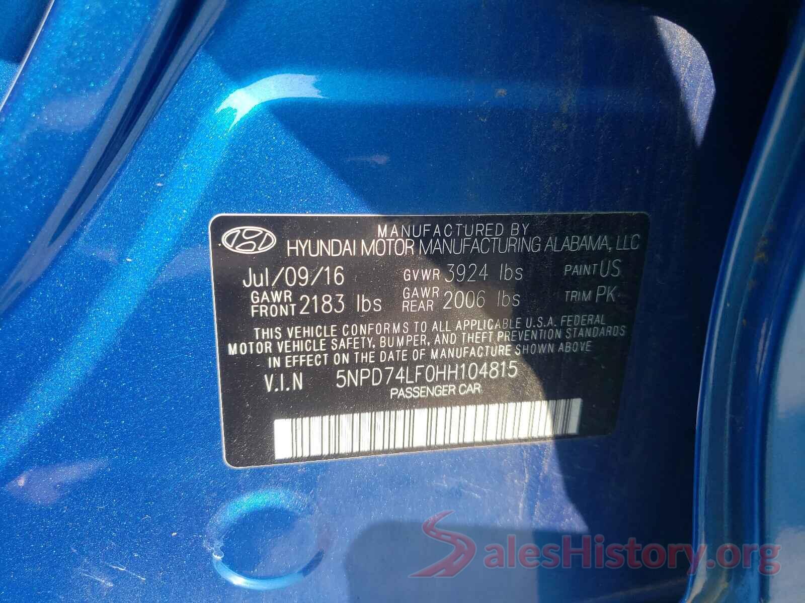 5NPD74LF0HH104815 2017 HYUNDAI ELANTRA