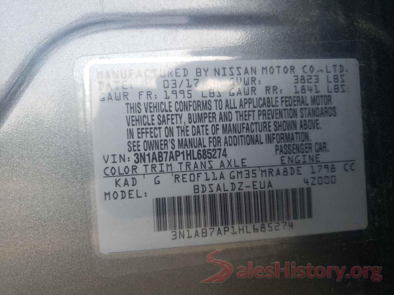 3N1AB7AP1HL685274 2017 NISSAN SENTRA