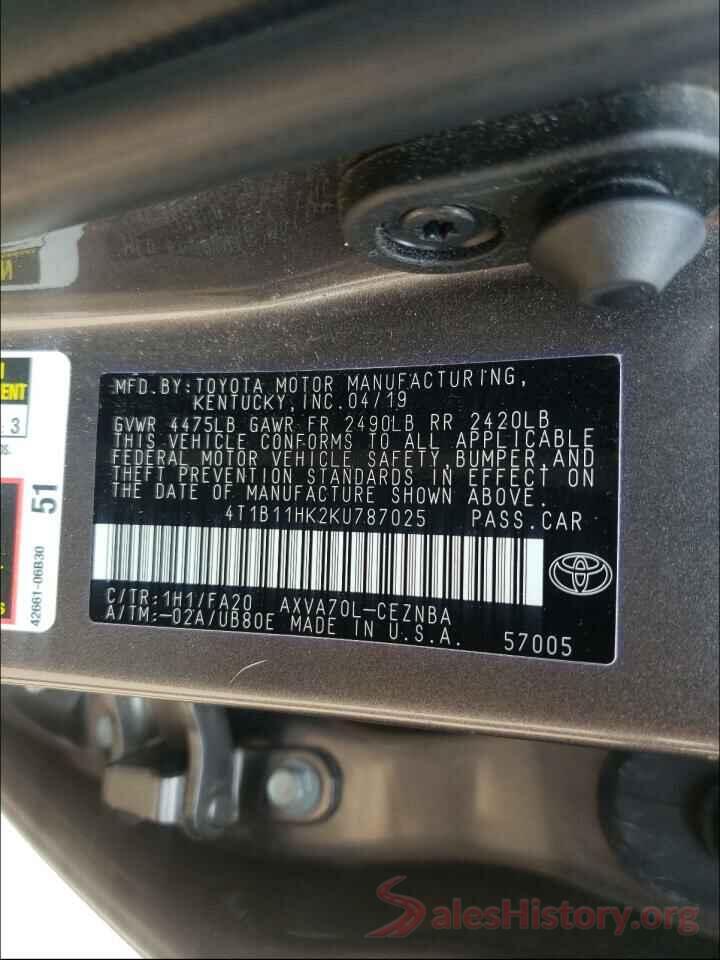 4T1B11HK2KU787025 2019 TOYOTA CAMRY