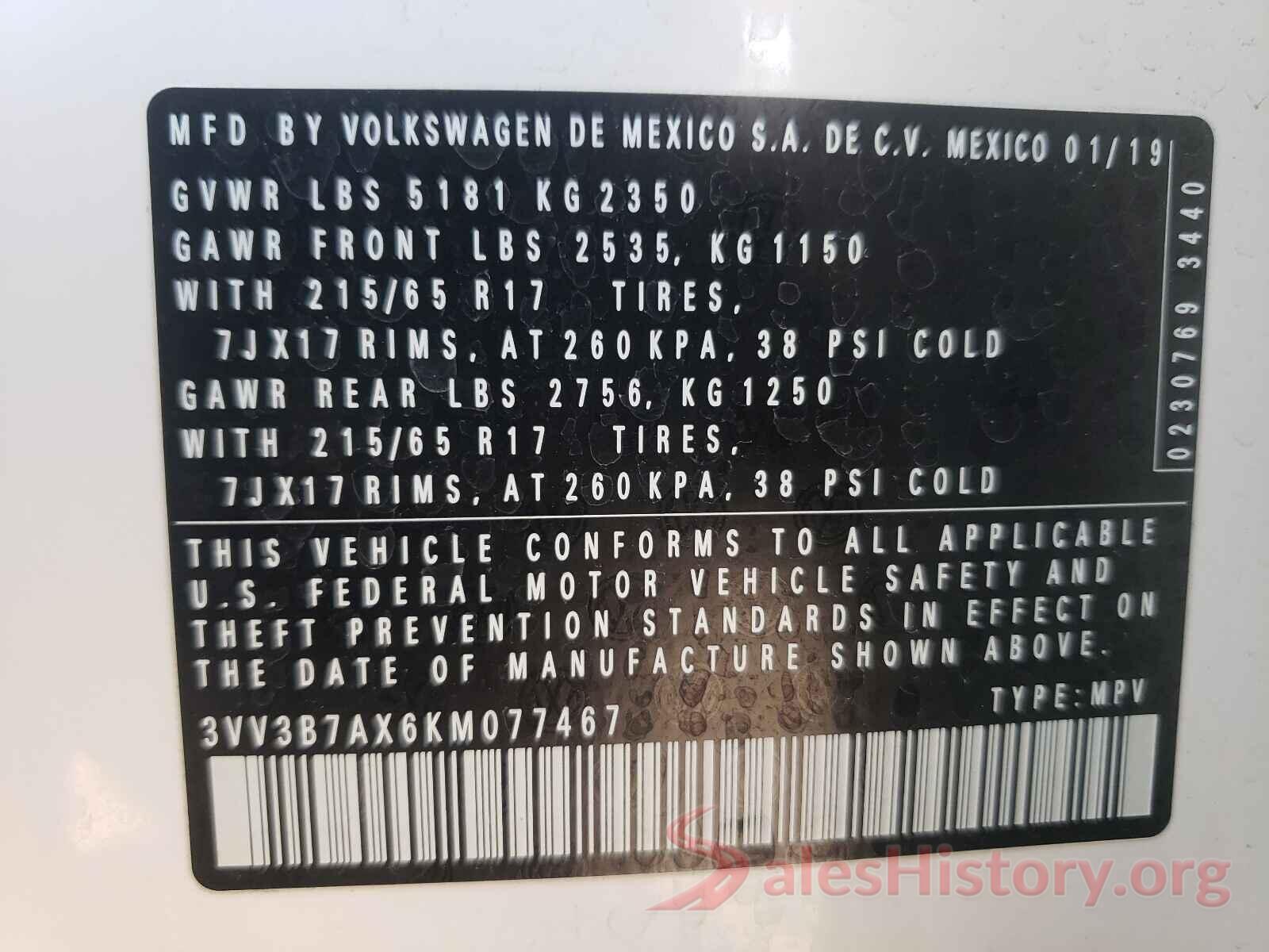 3VV3B7AX6KM077467 2019 VOLKSWAGEN TIGUAN