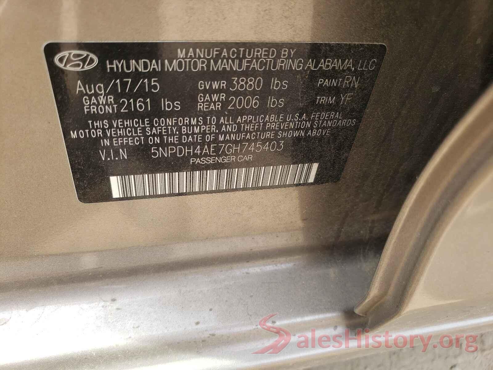 5NPDH4AE7GH745403 2016 HYUNDAI ELANTRA