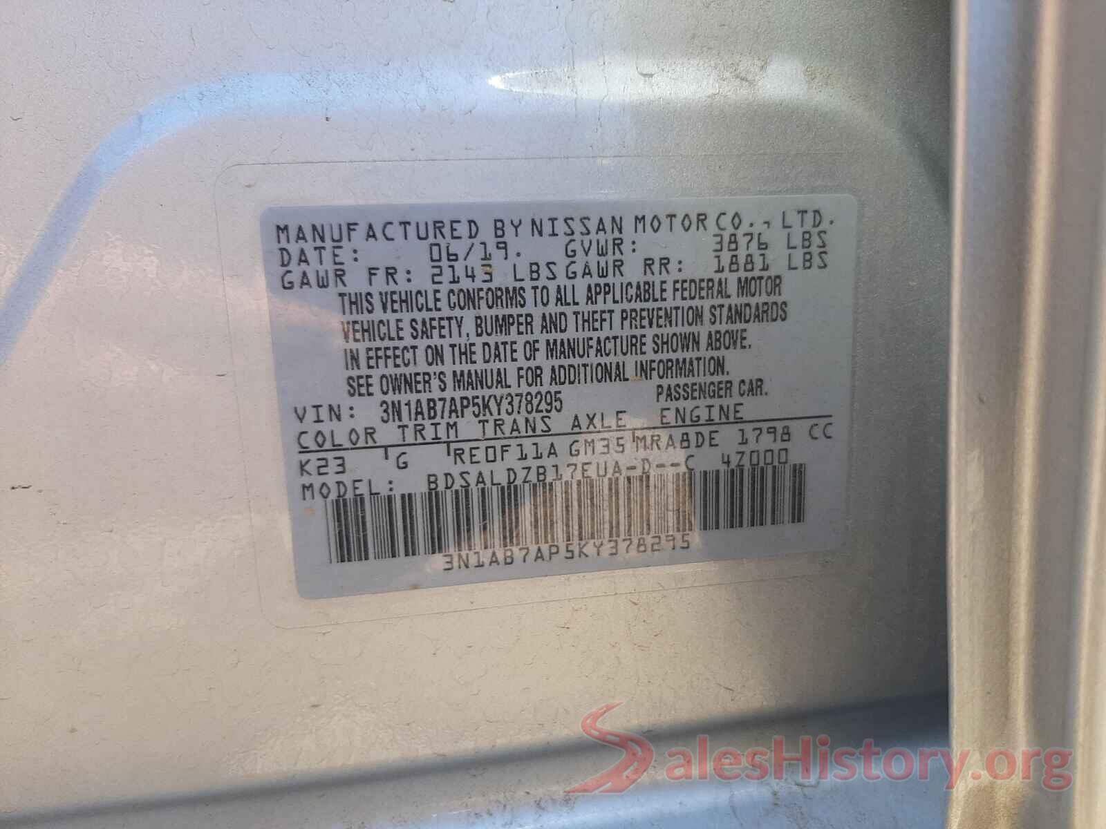 3N1AB7AP5KY378295 2019 NISSAN SENTRA