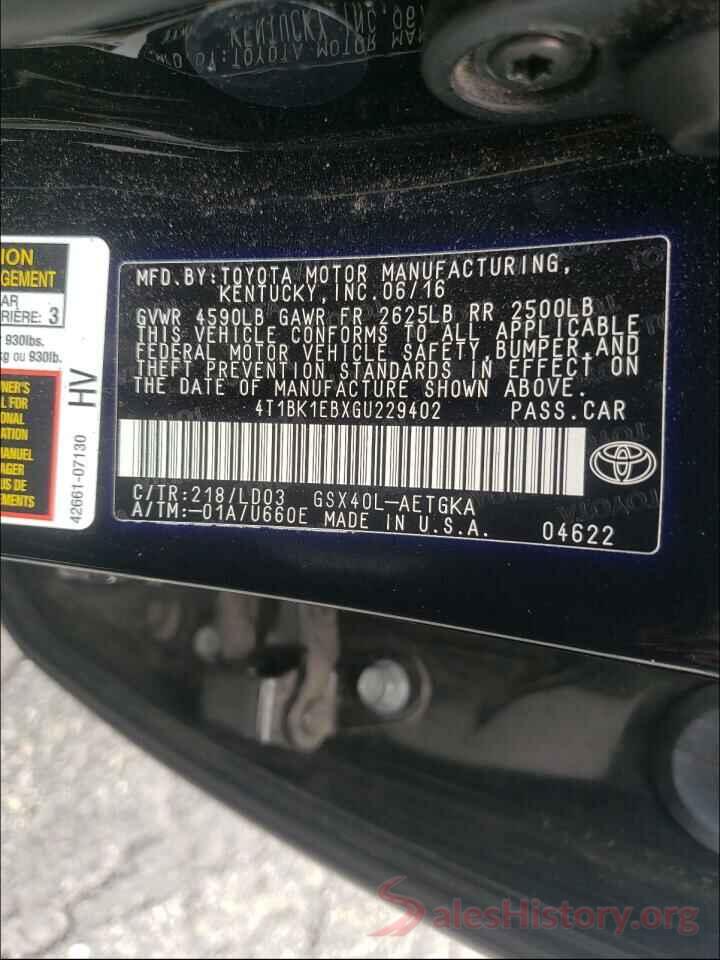 4T1BK1EBXGU229402 2016 TOYOTA AVALON