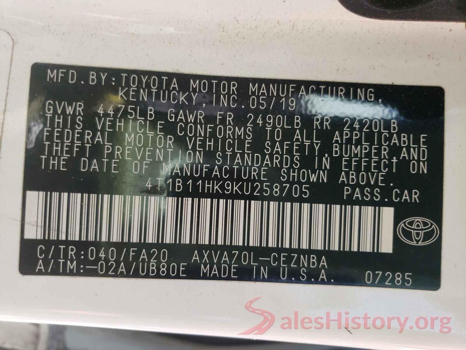 4T1B11HK9KU258705 2019 TOYOTA CAMRY