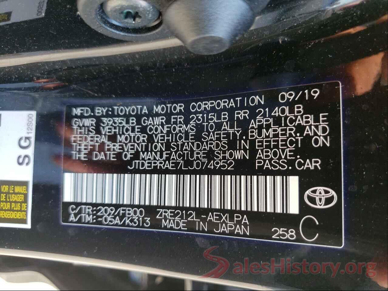 JTDEPRAE7LJ074952 2020 TOYOTA COROLLA