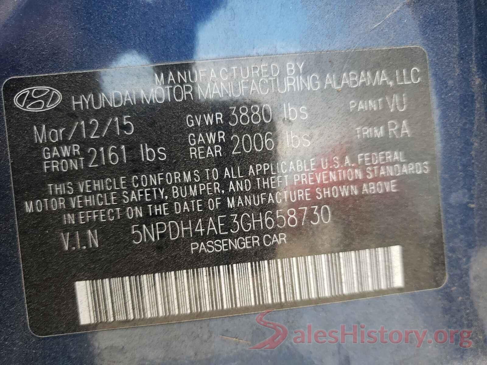 5NPDH4AE3GH658730 2016 HYUNDAI ELANTRA