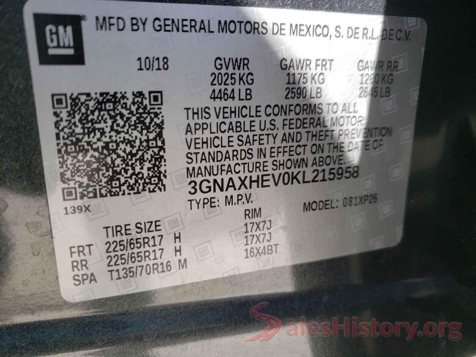 3GNAXHEV0KL215958 2019 CHEVROLET EQUINOX