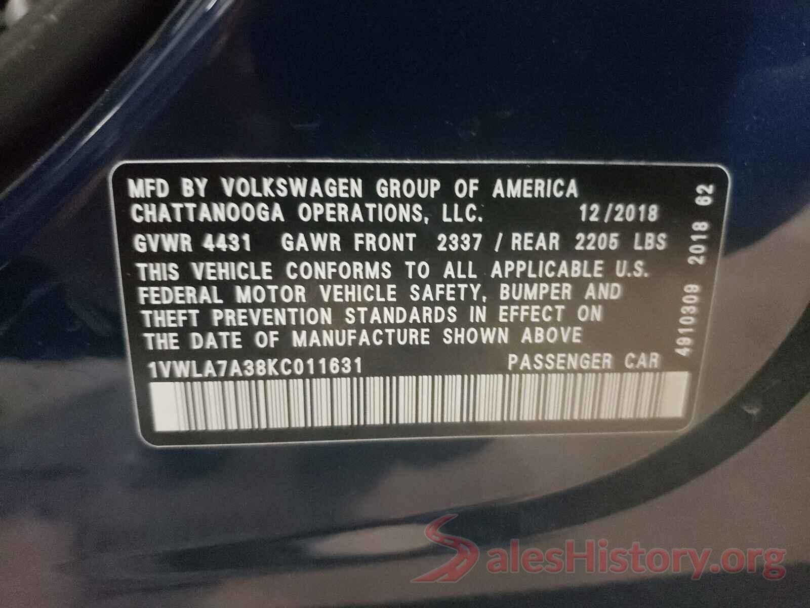 1VWLA7A38KC011631 2019 VOLKSWAGEN PASSAT