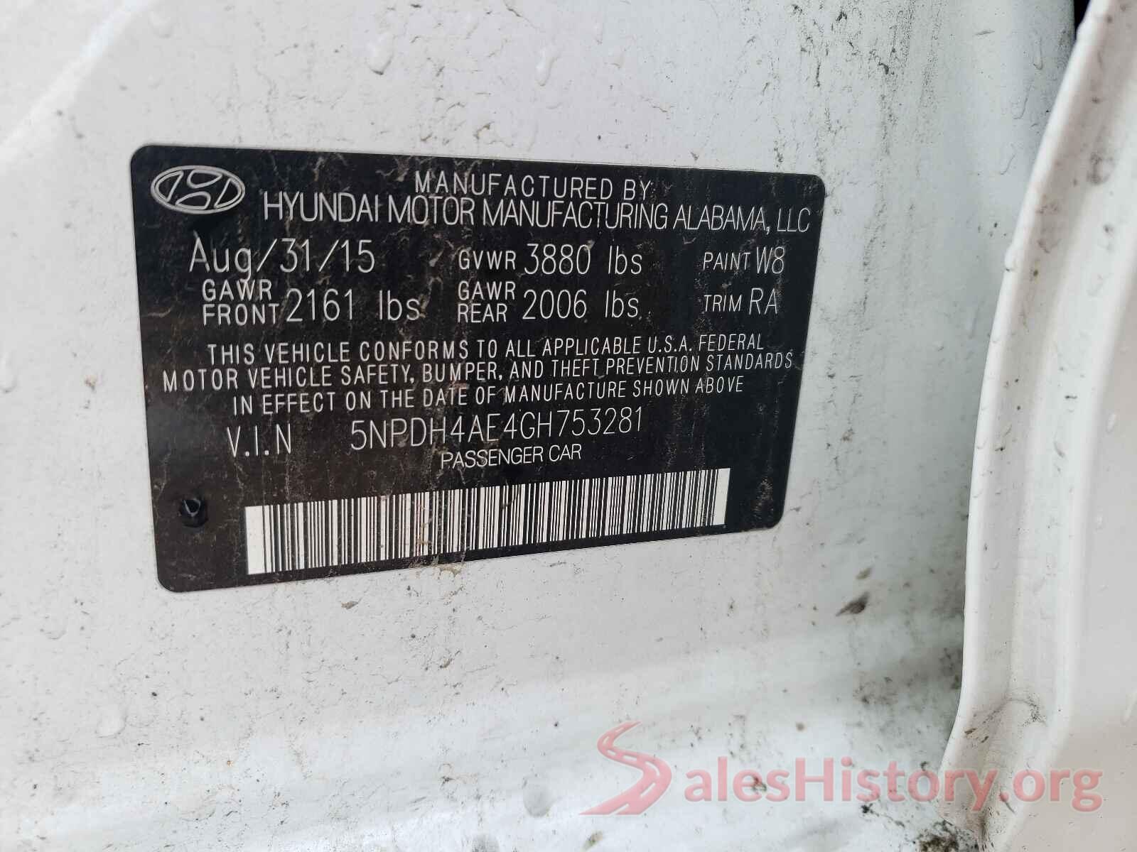 5NPDH4AE4GH753281 2016 HYUNDAI ELANTRA