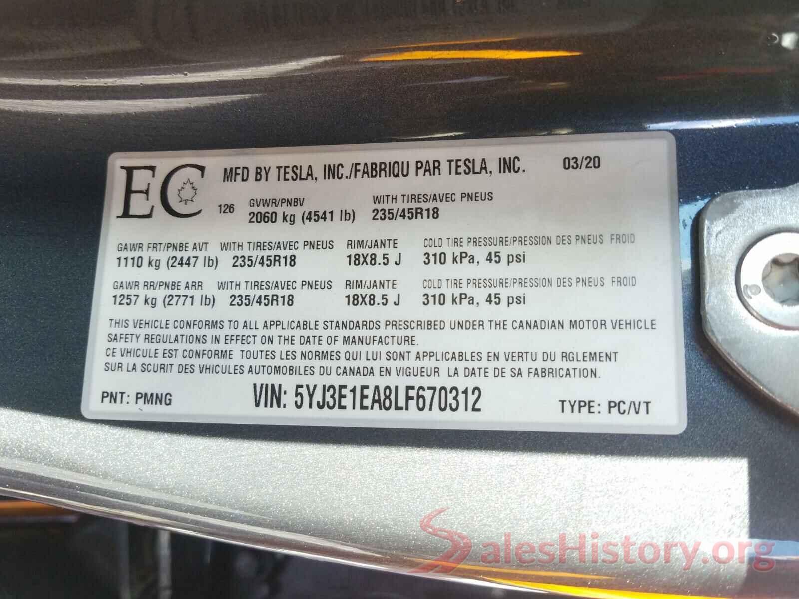 5YJ3E1EA8LF670312 2020 TESLA MODEL 3