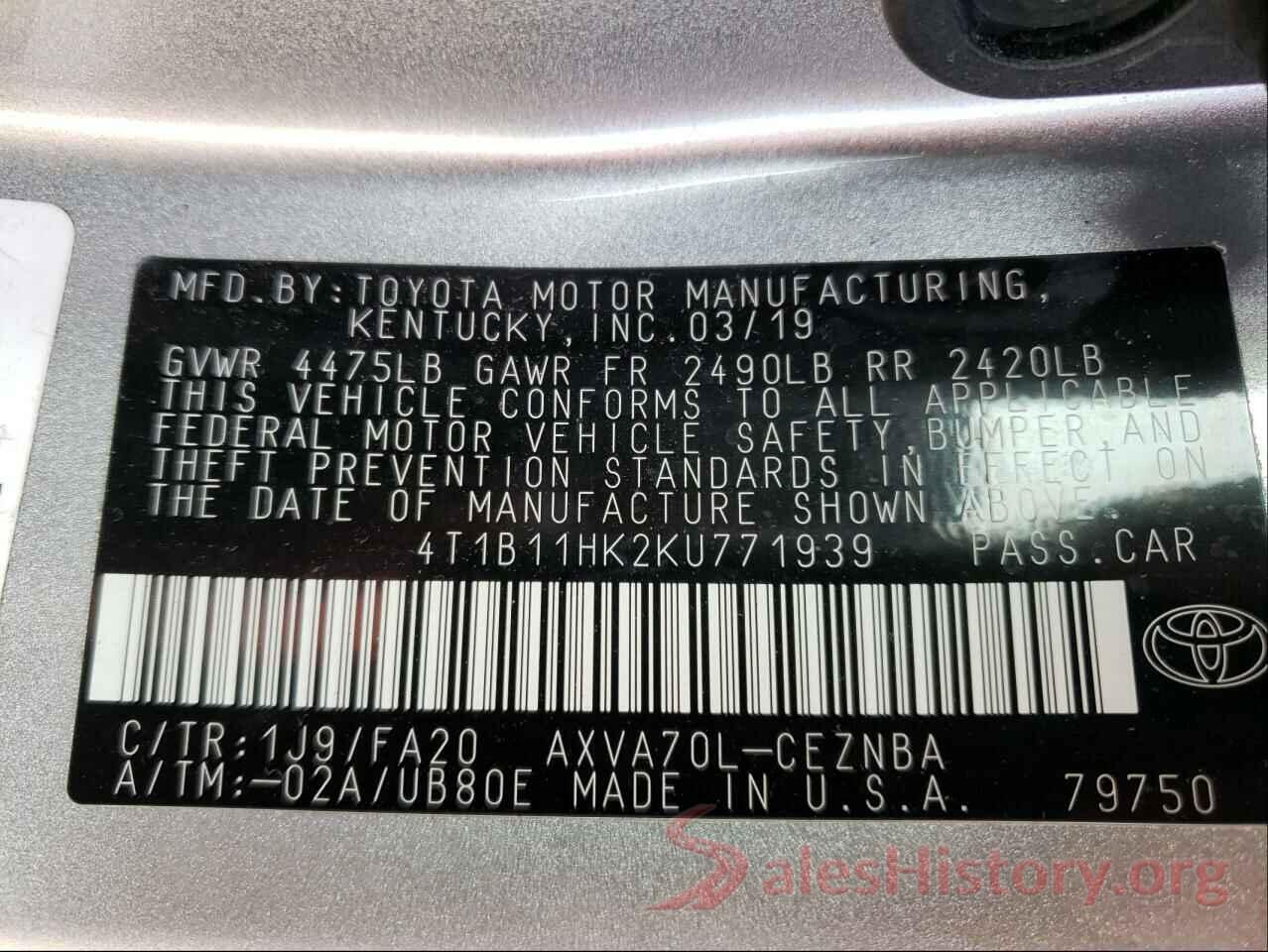 4T1B11HK2KU771939 2019 TOYOTA CAMRY