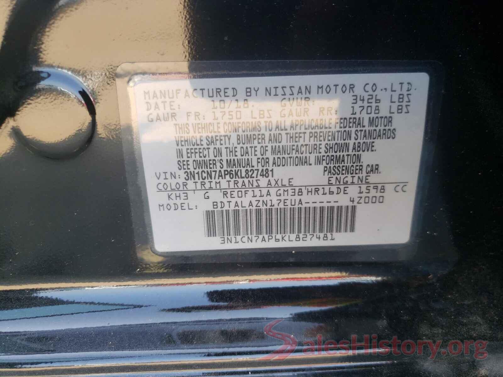 3N1CN7AP6KL827481 2019 NISSAN VERSA