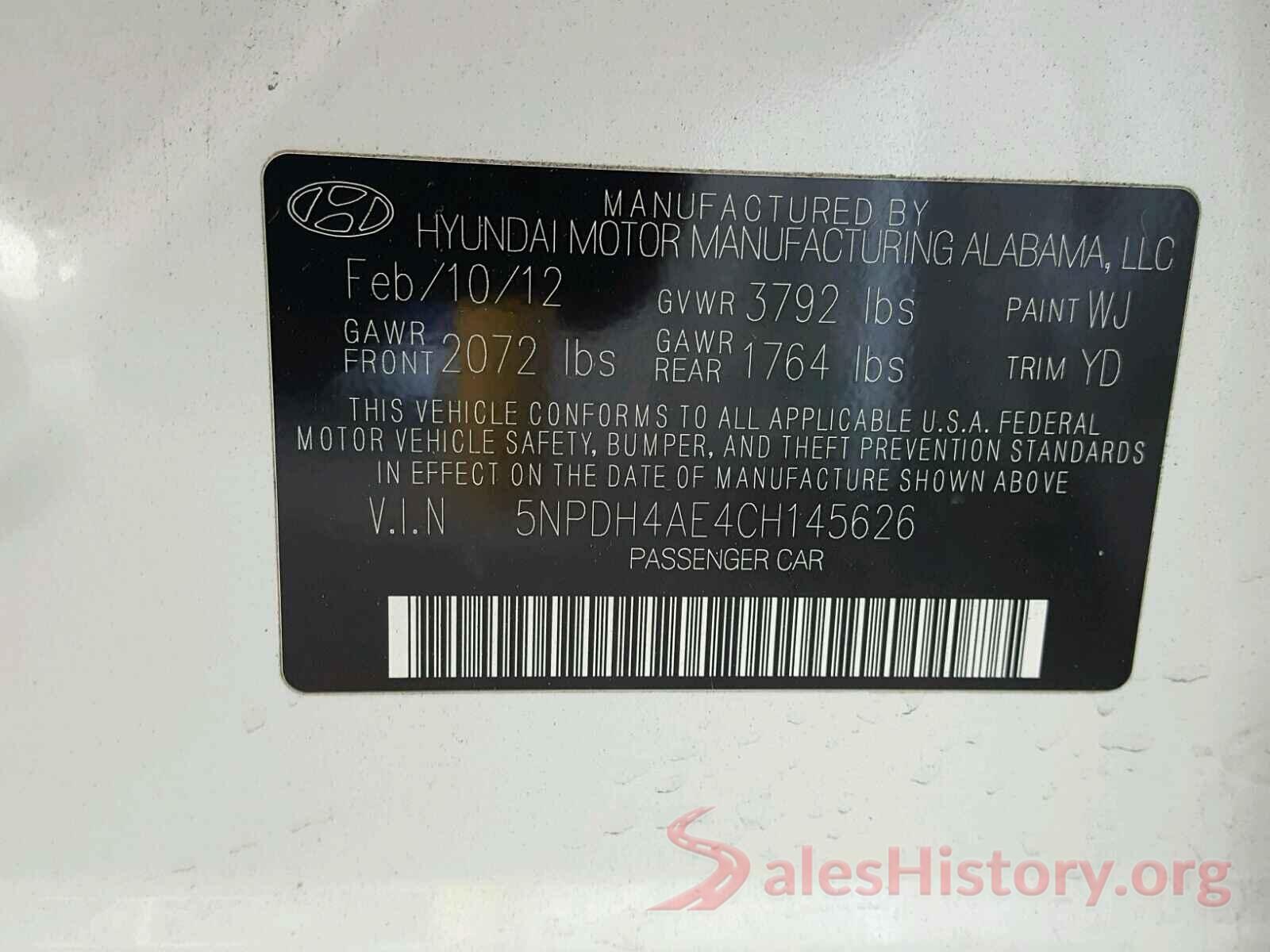 5NPDH4AE4CH145626 2012 HYUNDAI ELANTRA