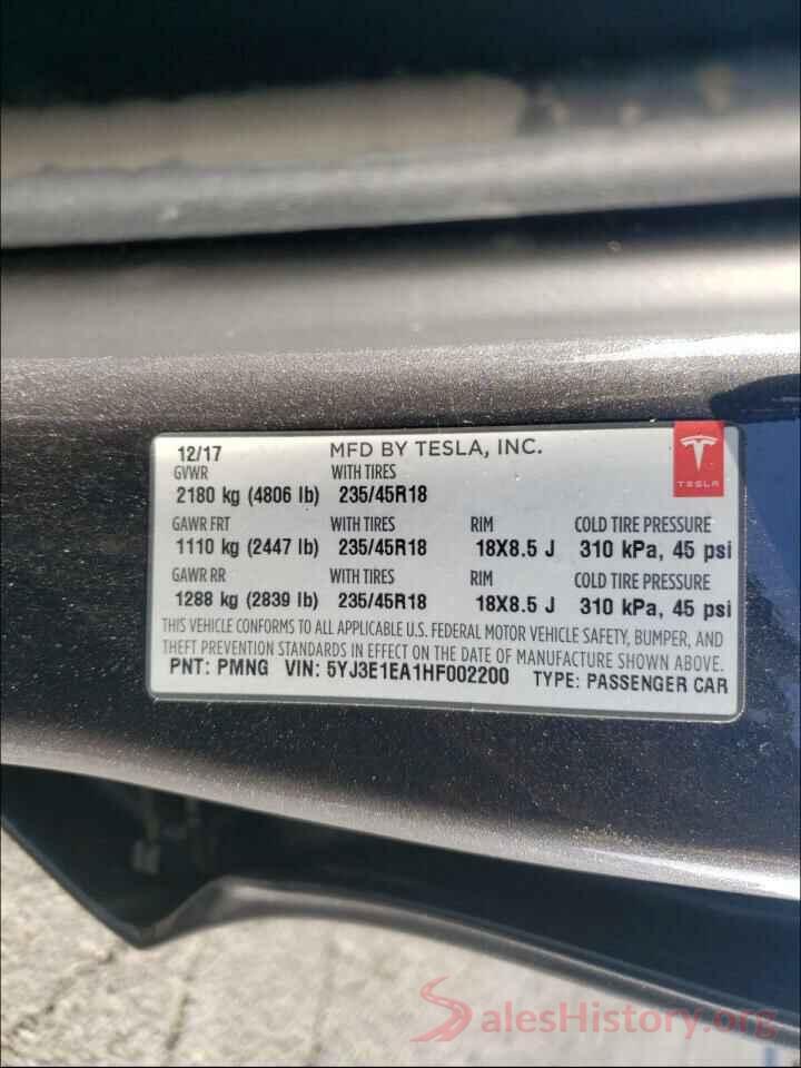 5YJ3E1EA1HF002200 2017 TESLA MODEL 3