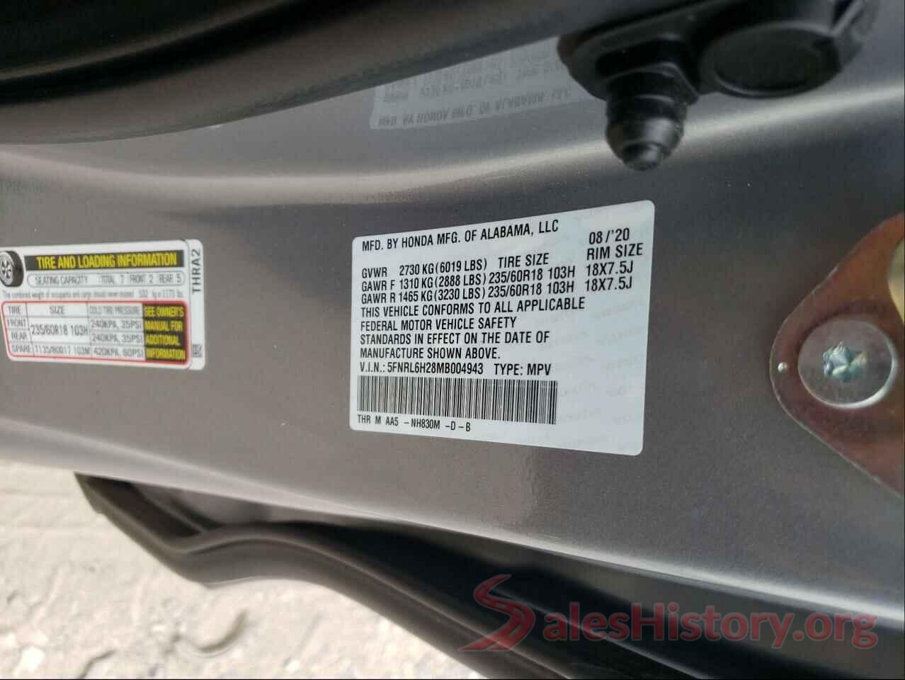 5FNRL6H28MB004943 2021 HONDA ODYSSEY