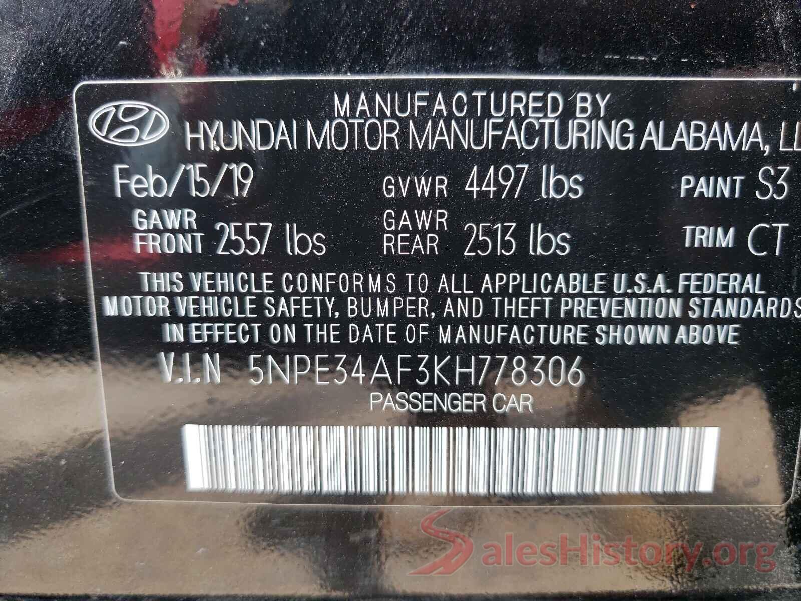 5NPE34AF3KH778306 2019 HYUNDAI SONATA