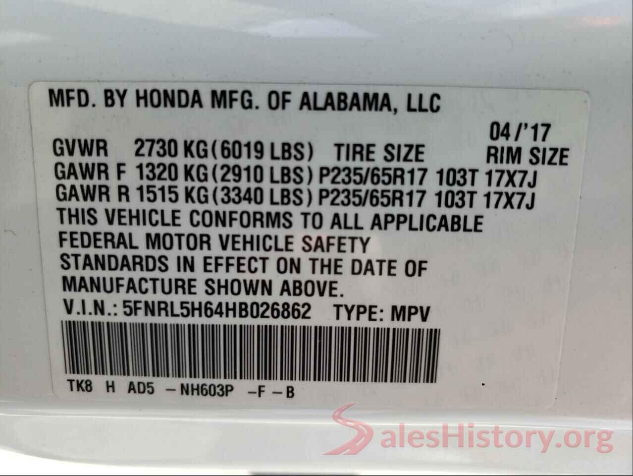 5FNRL5H64HB026862 2017 HONDA ODYSSEY