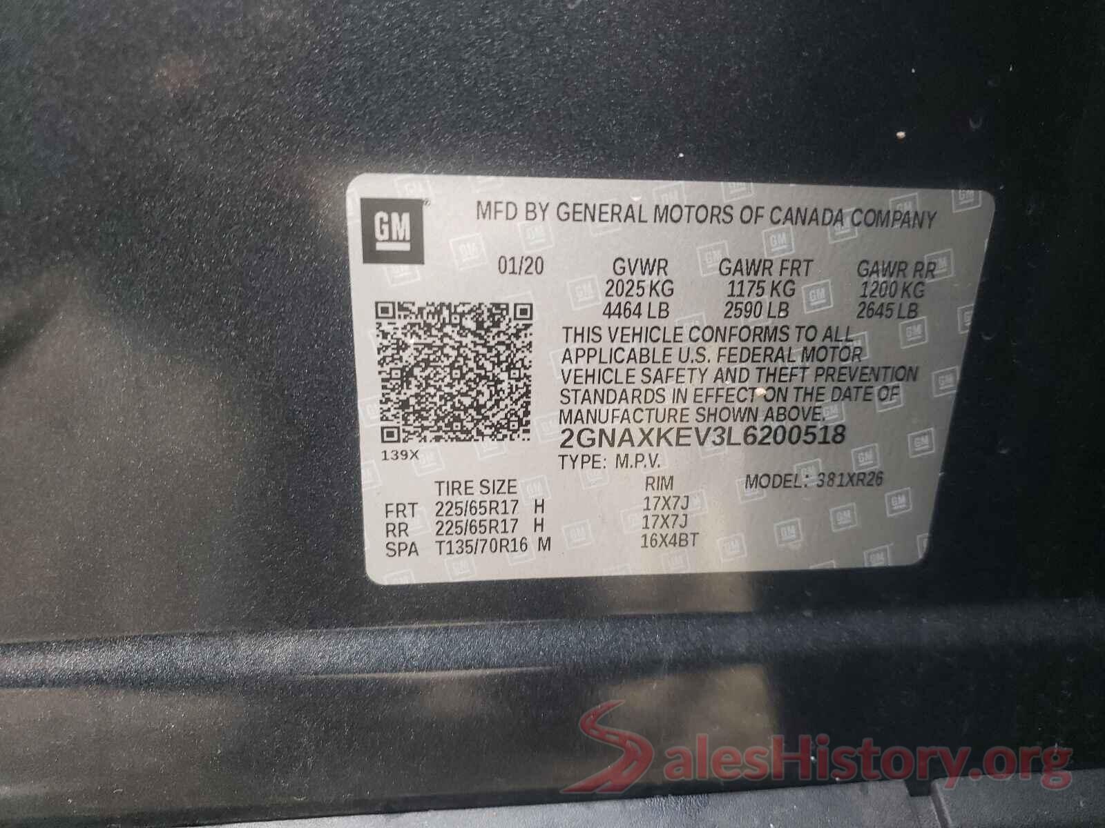 2GNAXKEV3L6200518 2020 CHEVROLET EQUINOX