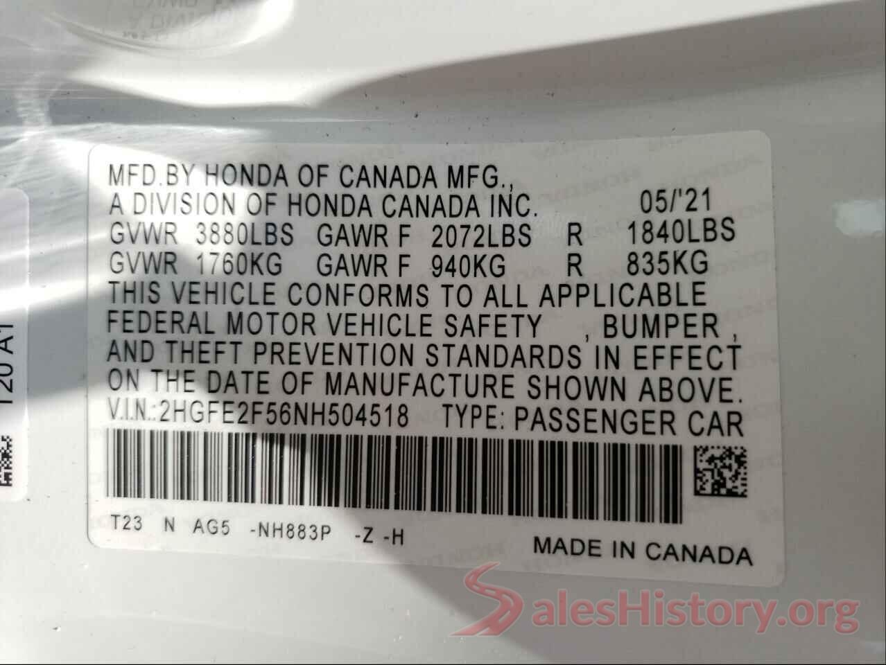 2HGFE2F56NH504518 2022 HONDA CIVIC