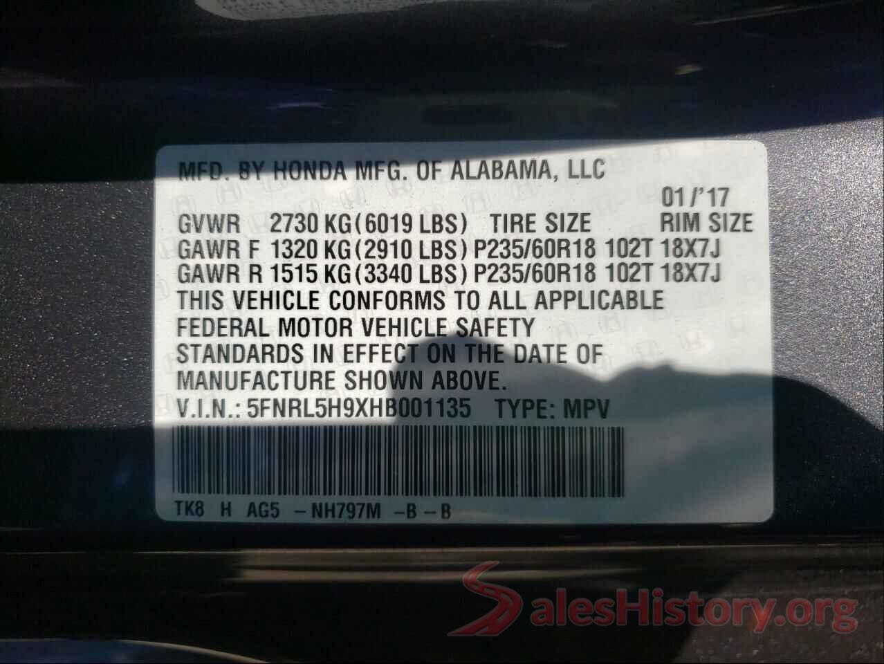 5FNRL5H9XHB001135 2017 HONDA ODYSSEY