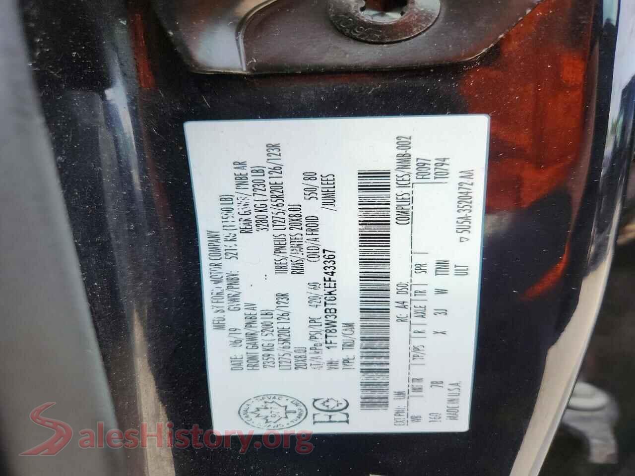 2019 FORD F350 VIN 1FT8W3BT6KEF43367, trunk area