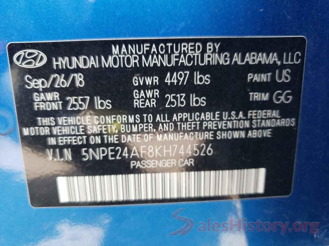 5NPE24AF8KH744526 2019 HYUNDAI SONATA