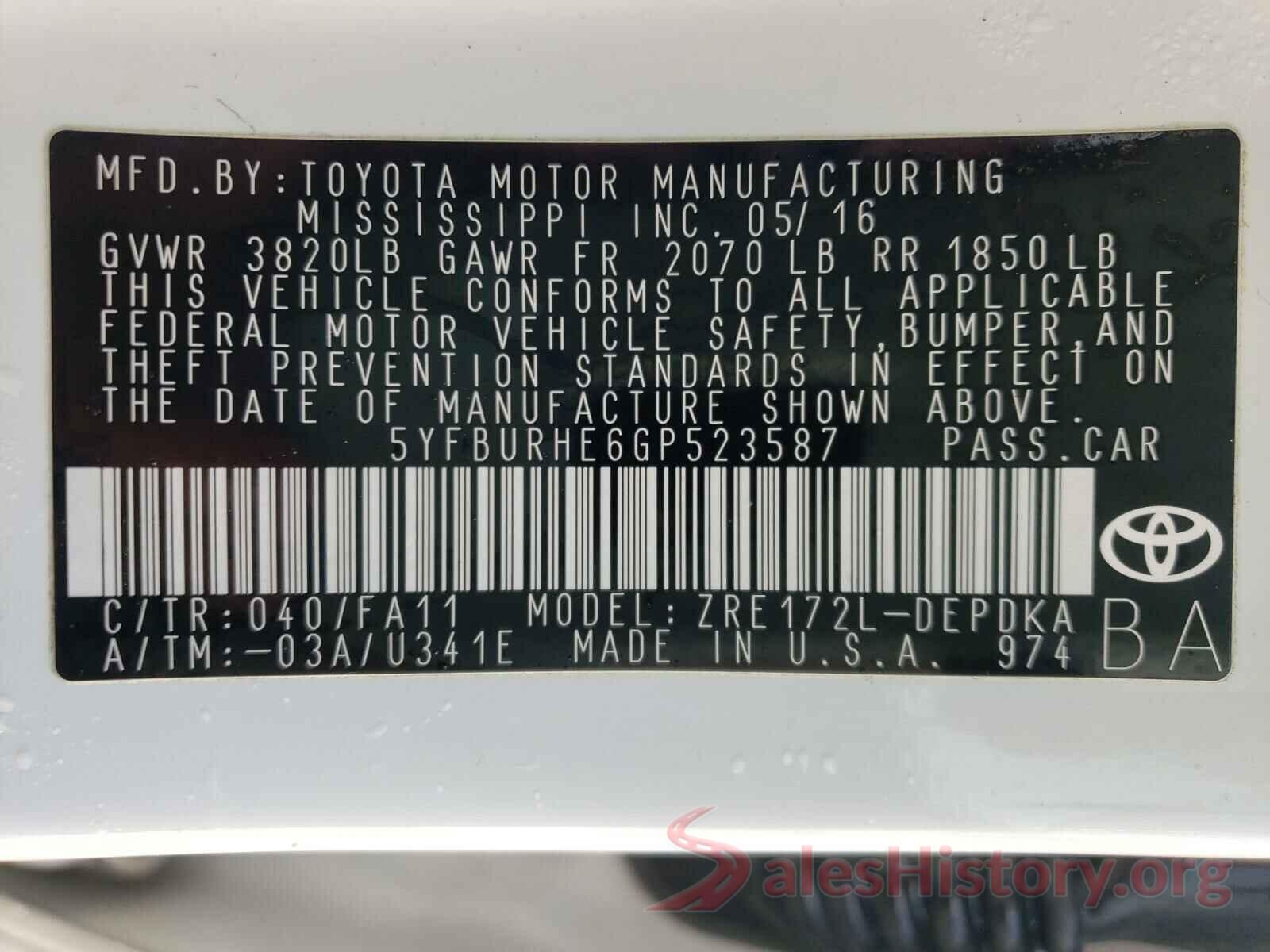 5YFBURHE6GP523587 2016 TOYOTA COROLLA