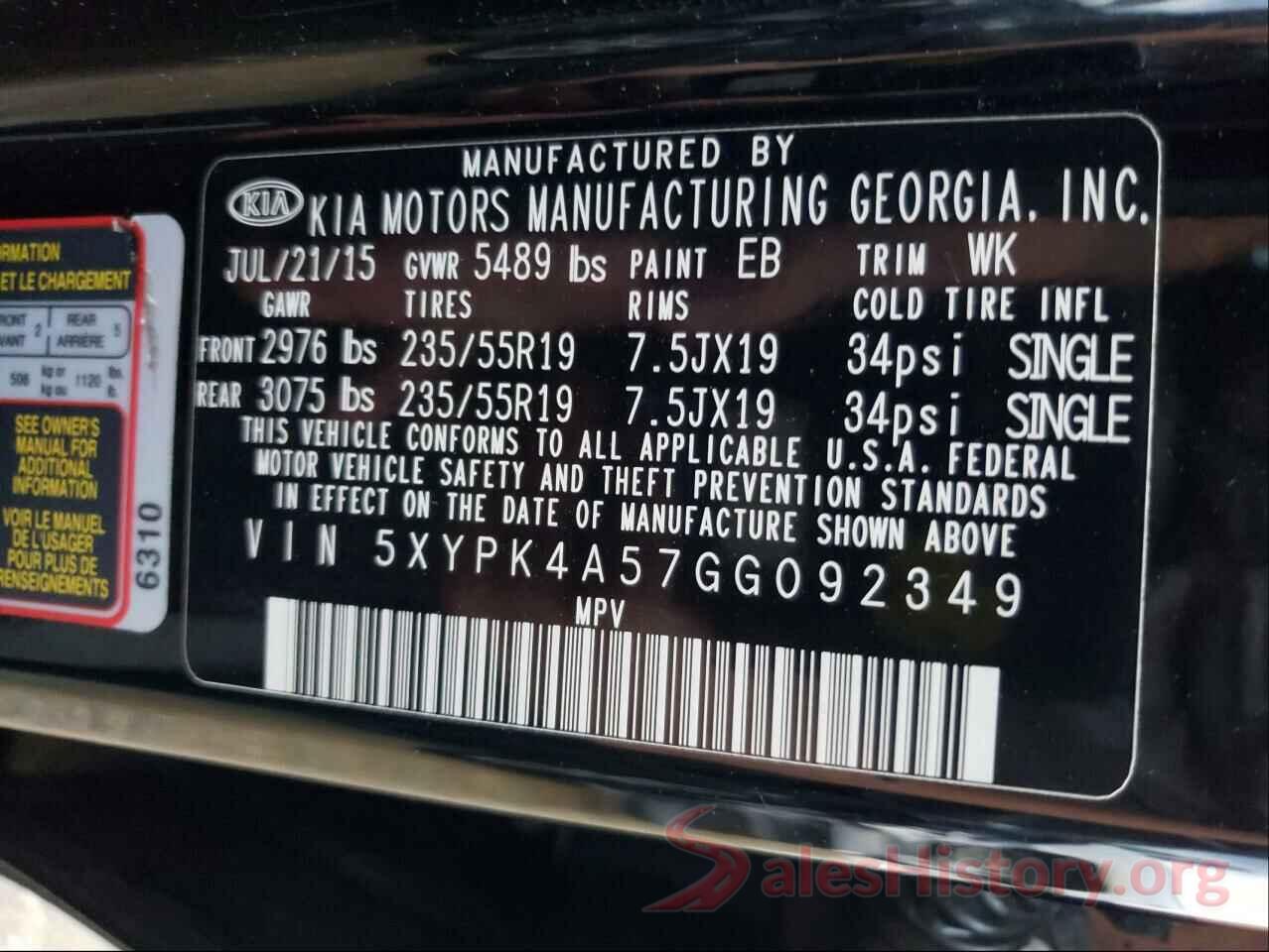 5XYPK4A57GG092349 2016 KIA SORENTO