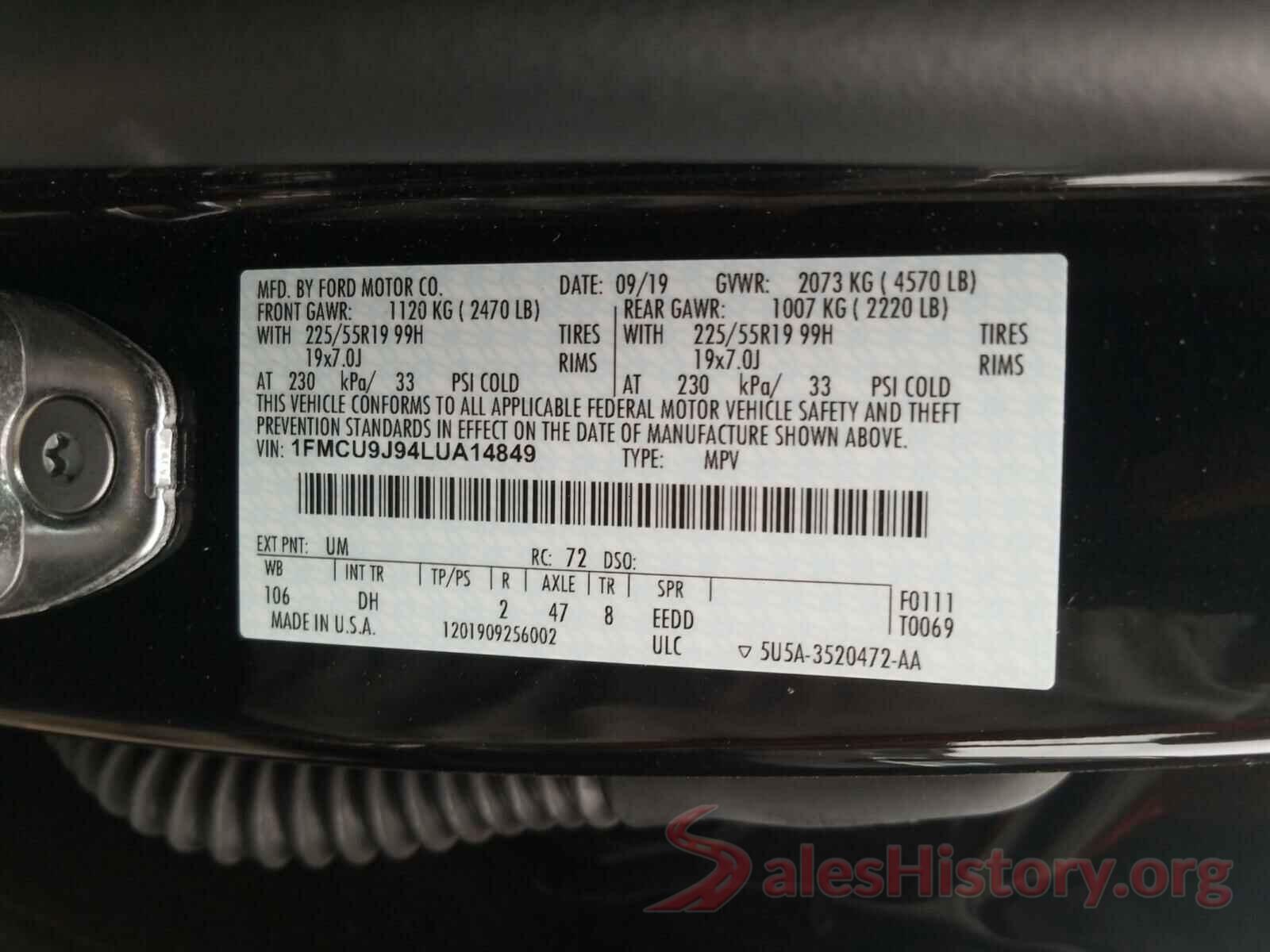 1FMCU9J94LUA14849 2020 FORD ESCAPE