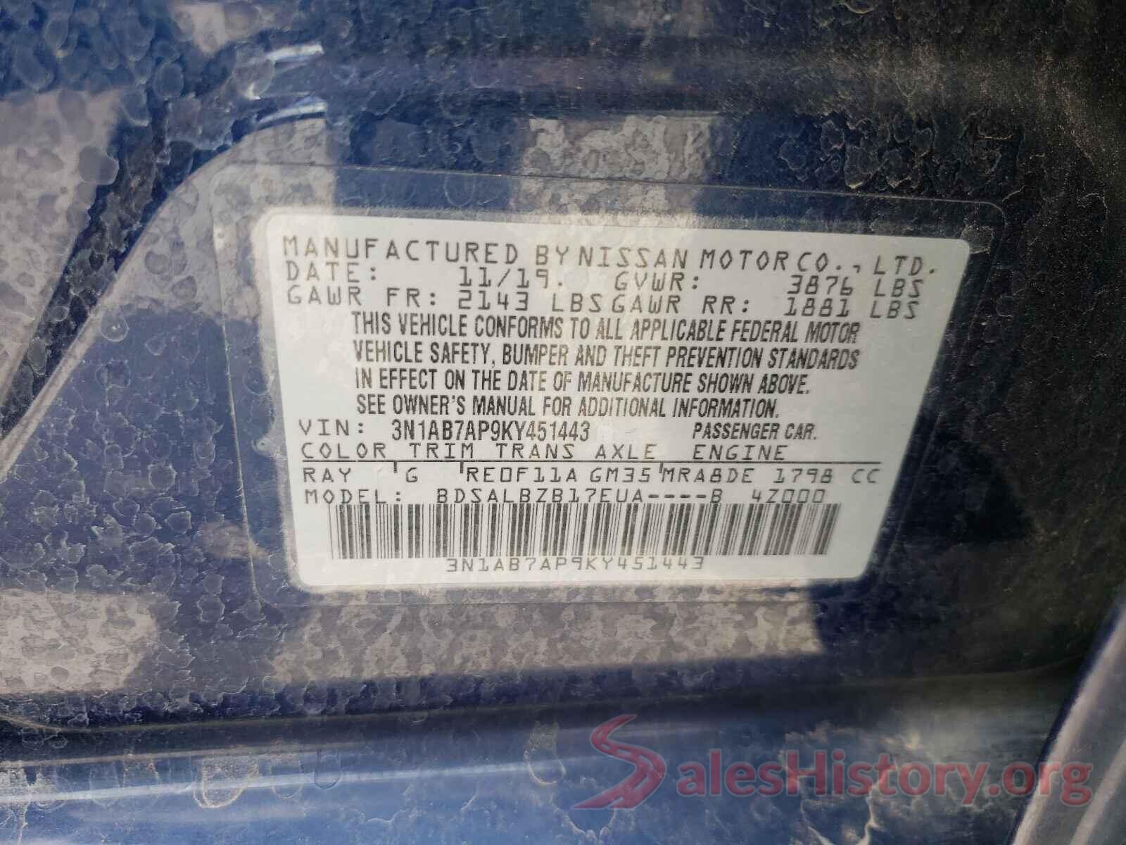 3N1AB7AP9KY451443 2019 NISSAN SENTRA