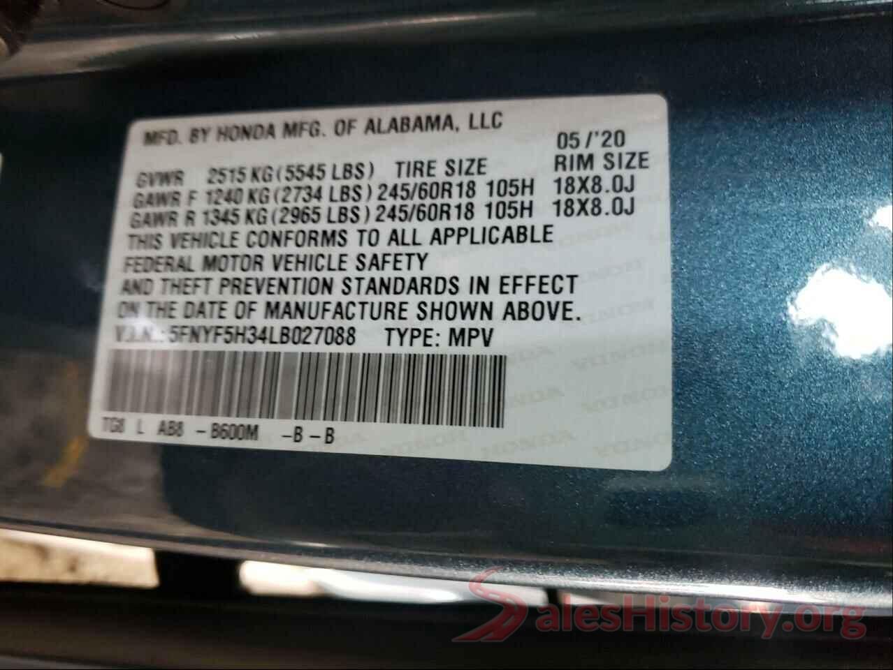 5FNYF5H34LB027088 2020 HONDA PILOT