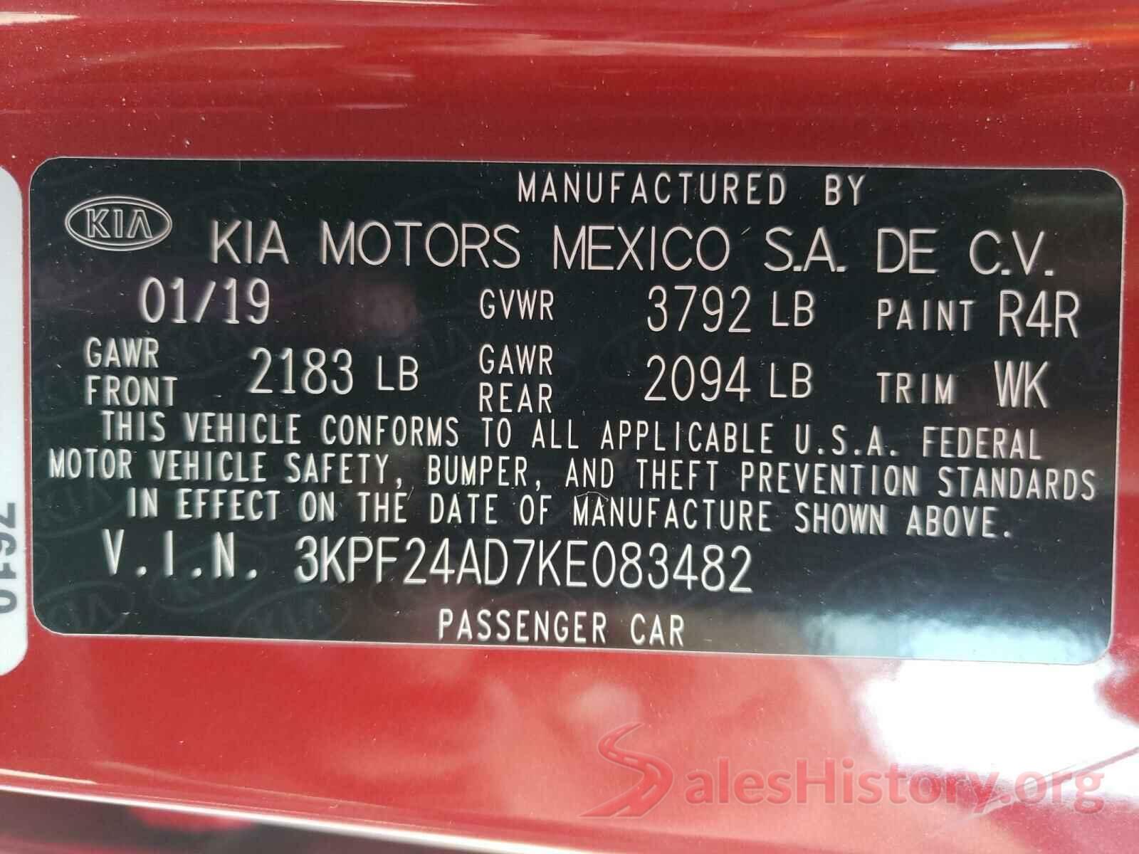 3KPF24AD7KE083482 2019 KIA FORTE