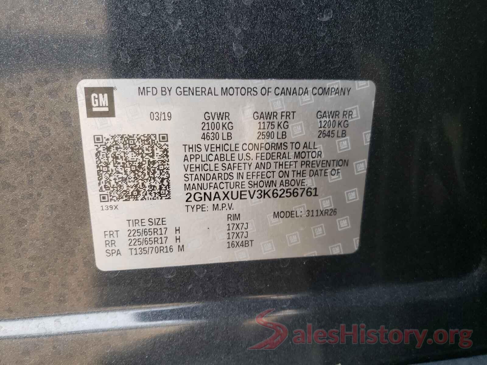 2GNAXUEV3K6256761 2019 CHEVROLET EQUINOX